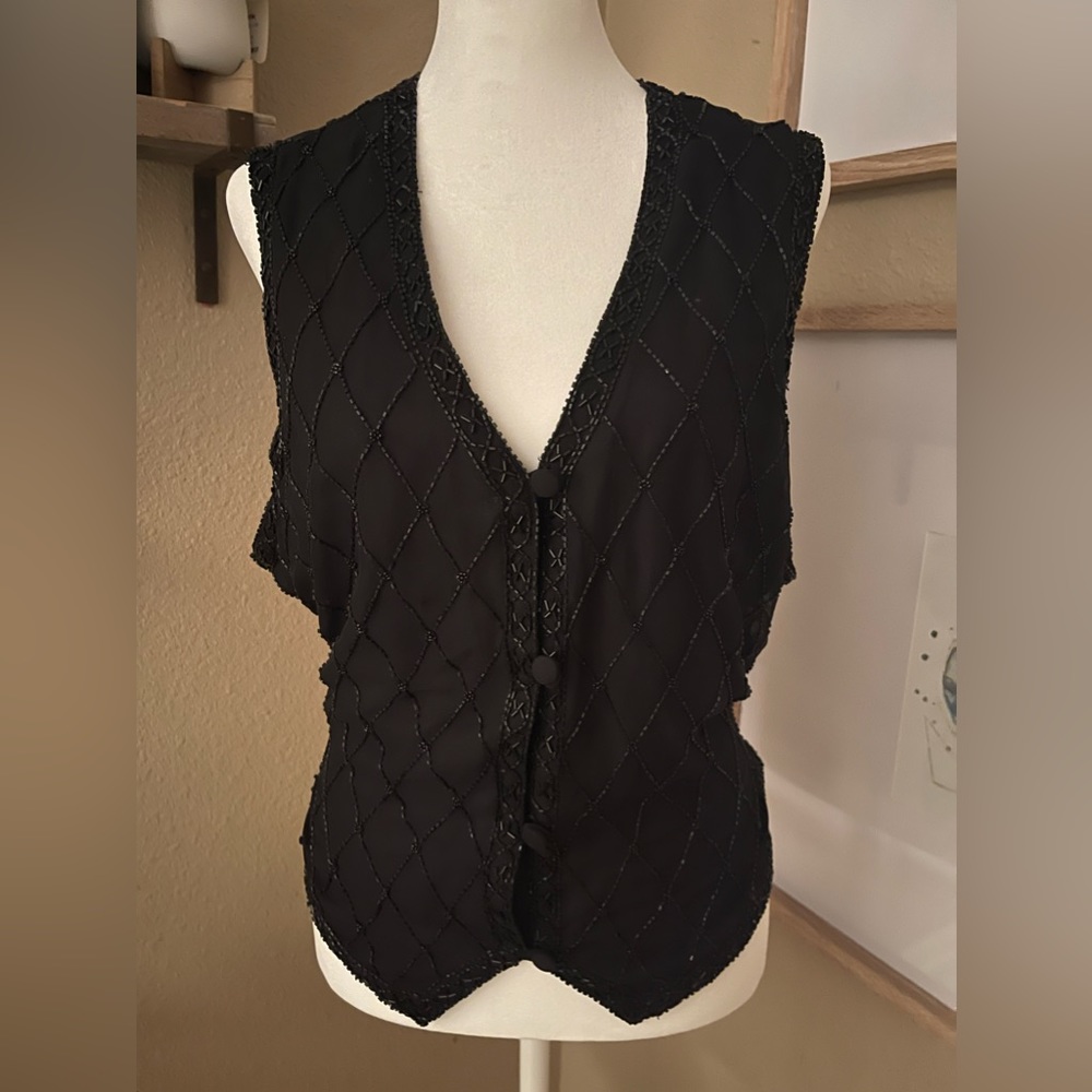 100% silk hand beaded black adjustable vest, womens size large